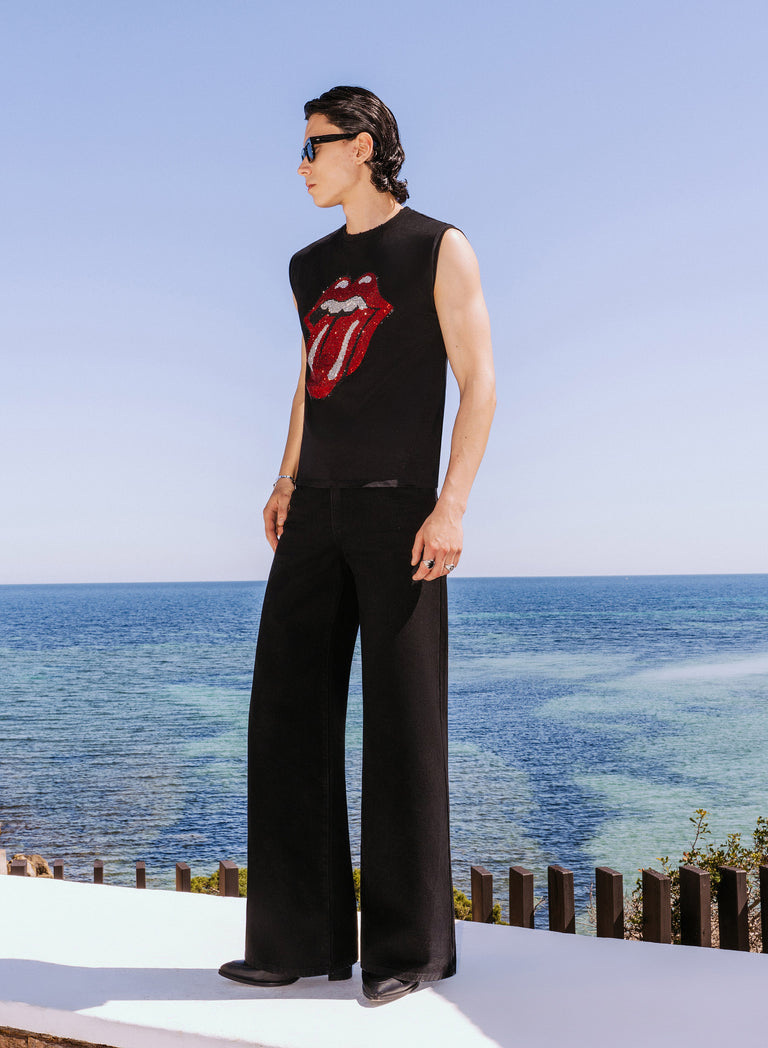 Phix X Rolling Stones Black Sleeveless Rhinestone Tshirt