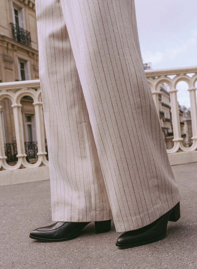 Ivory Pinstripe Herringbone High Waisted Side Buckle Flare Trousers