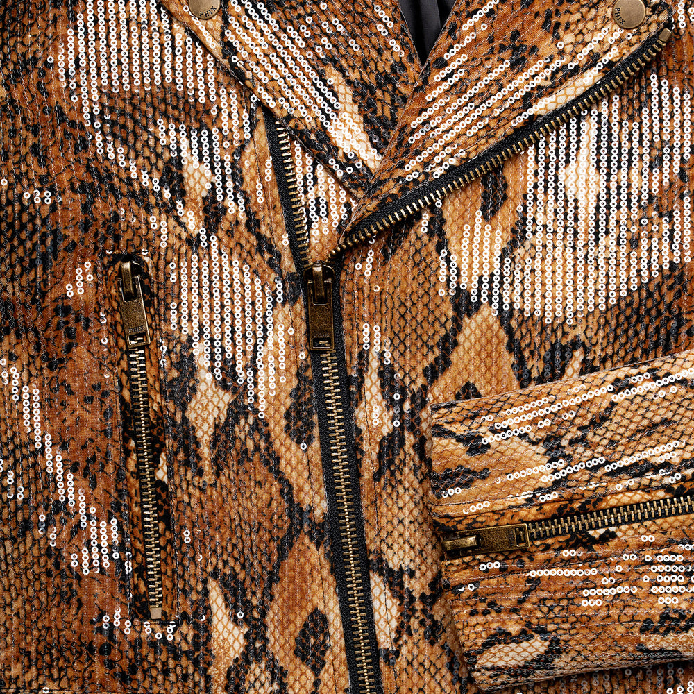 Brown Snake Effect Sequin Biker Jacket & Phix
