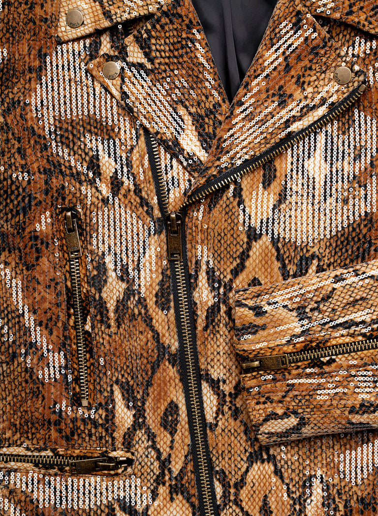 Brown Snake Effect Sequin Biker Jacket