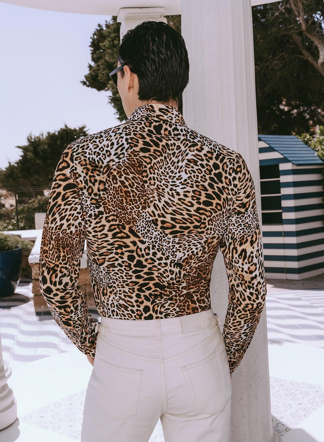 animal print dress shirt Leopard Short Sleeve Men Button Down Shirt, Animal Cheetah Print Casual Buttoned Up Summer Dress Shirt Collared Big Tall Plus Size Male M