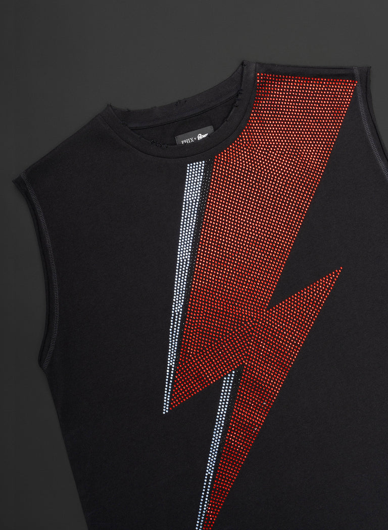 Phix X David Bowie Charcoal Acid Wash Sleeveless Rhinestone T-Shirt