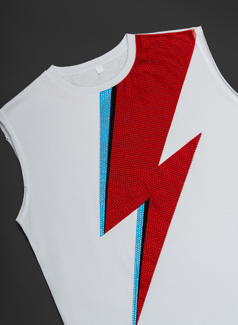Phix X David Bowie White Sleeveless Rhinestone T-Shirt