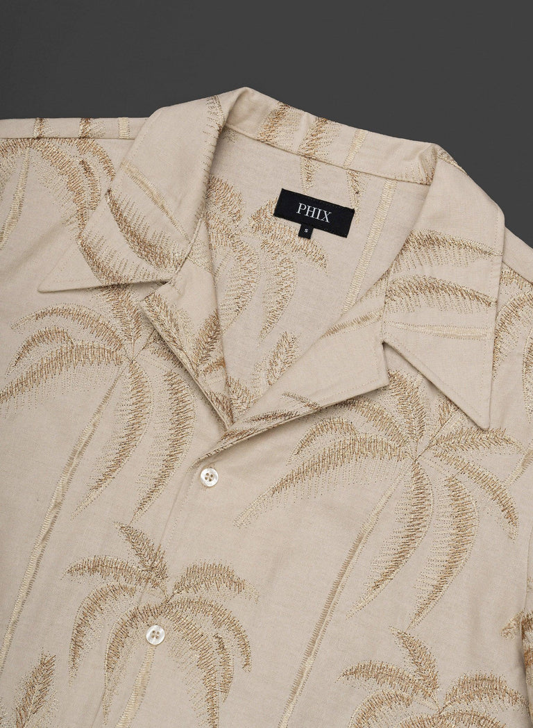 Ivory Palm Embroidery Cuban Linen Shirt