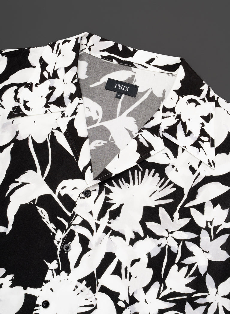 Black Floral Short Sleeve Cuban Collar Viscose Shirt