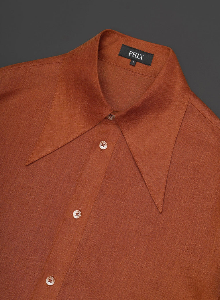 Rust Orange Pure Linen Dagger Collar Shirt