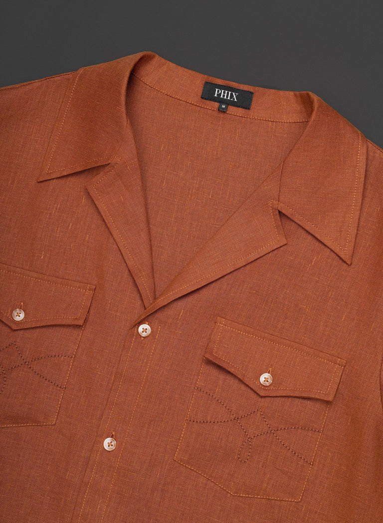 Orange Pure Linen Double Pocket Cuban Shirt