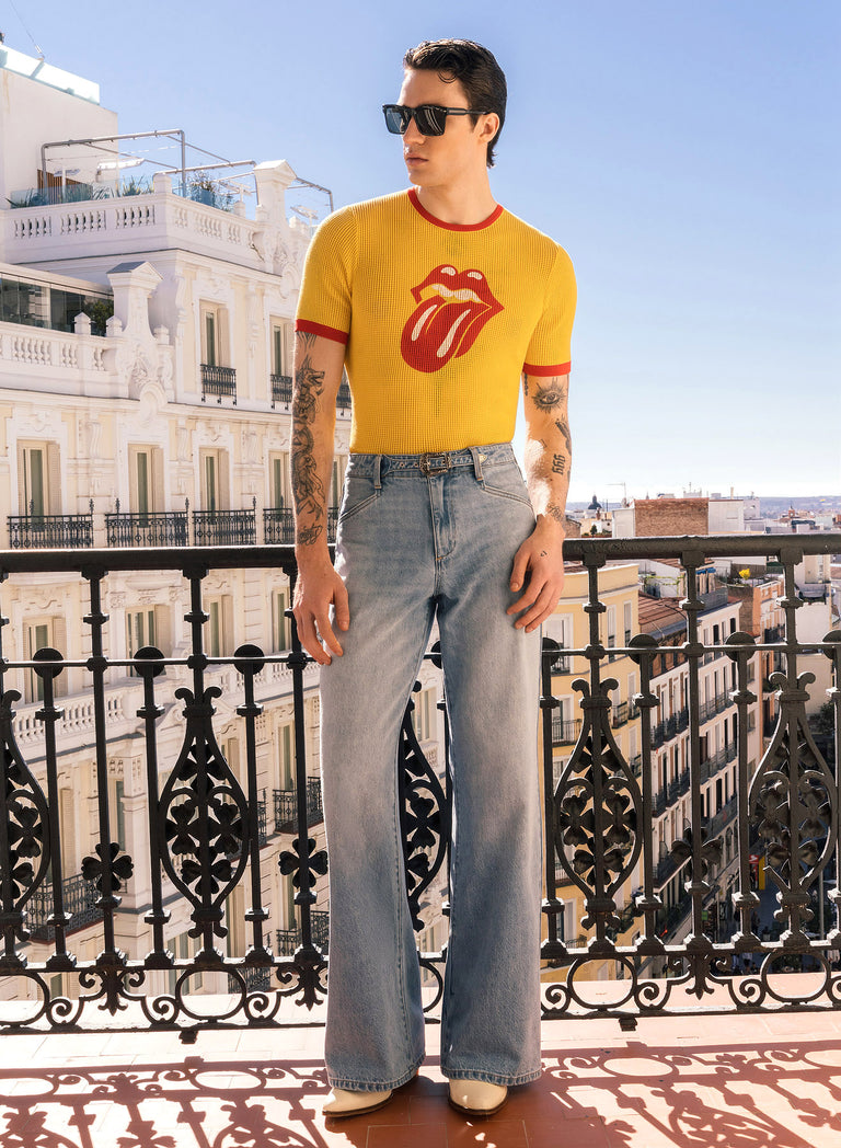 Blue Washed Denim Western Belt Wide Leg Flare Jeans