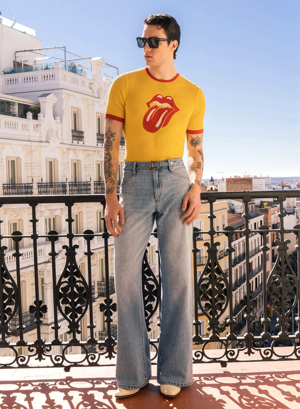 Blue Washed Denim Western Belt Wide Leg Flare Jeans