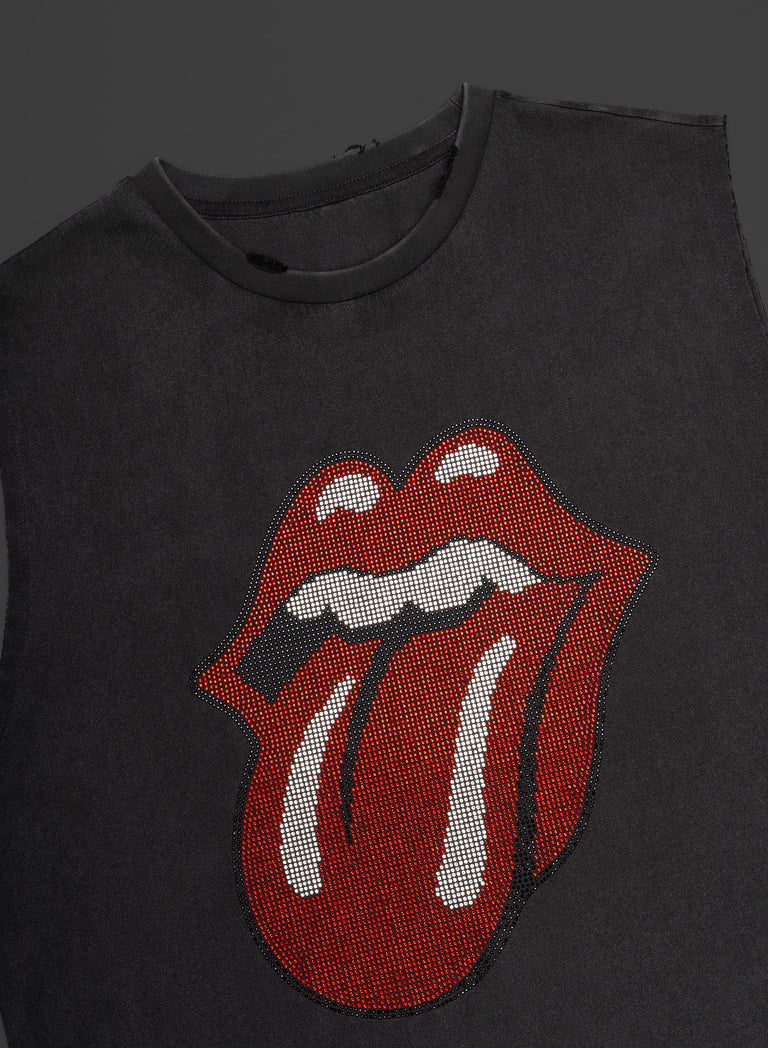Phix X Rolling Stones Charcoal Acid Wash Sleeveless Rhinestone T-Shirt