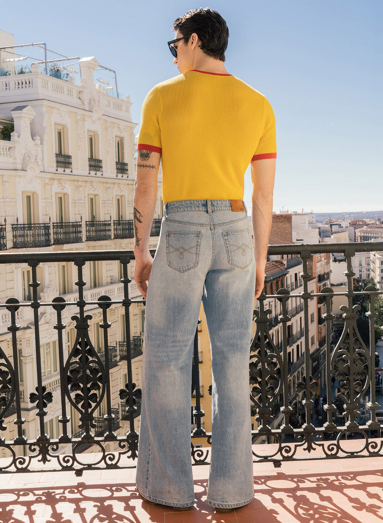 Blue Washed Denim Western Belt Wide Leg Flare Jeans