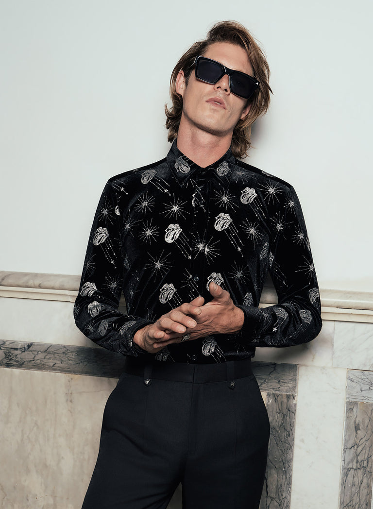 Phix X Rolling Stones Silver Tongue Black Velvet Shirt
