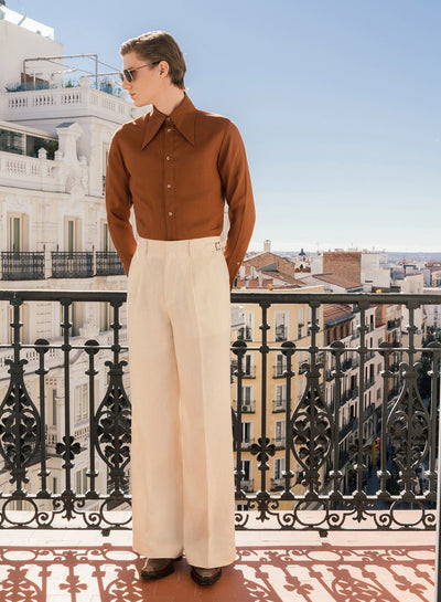 Ivory Linen High Waisted Side Buckle Trousers