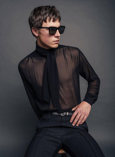 Black Semi Sheer Chiffon Scarf Tie Collar Shirt