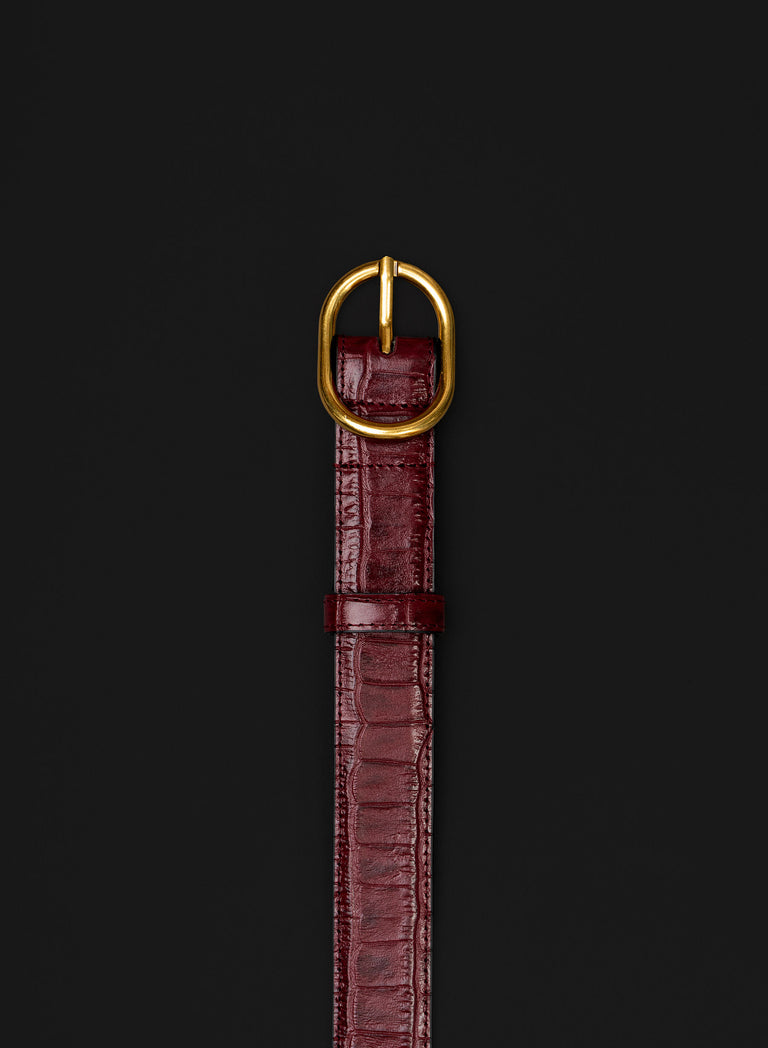 Burgundy Croc Effect Leather Round Gold Buckle Belt