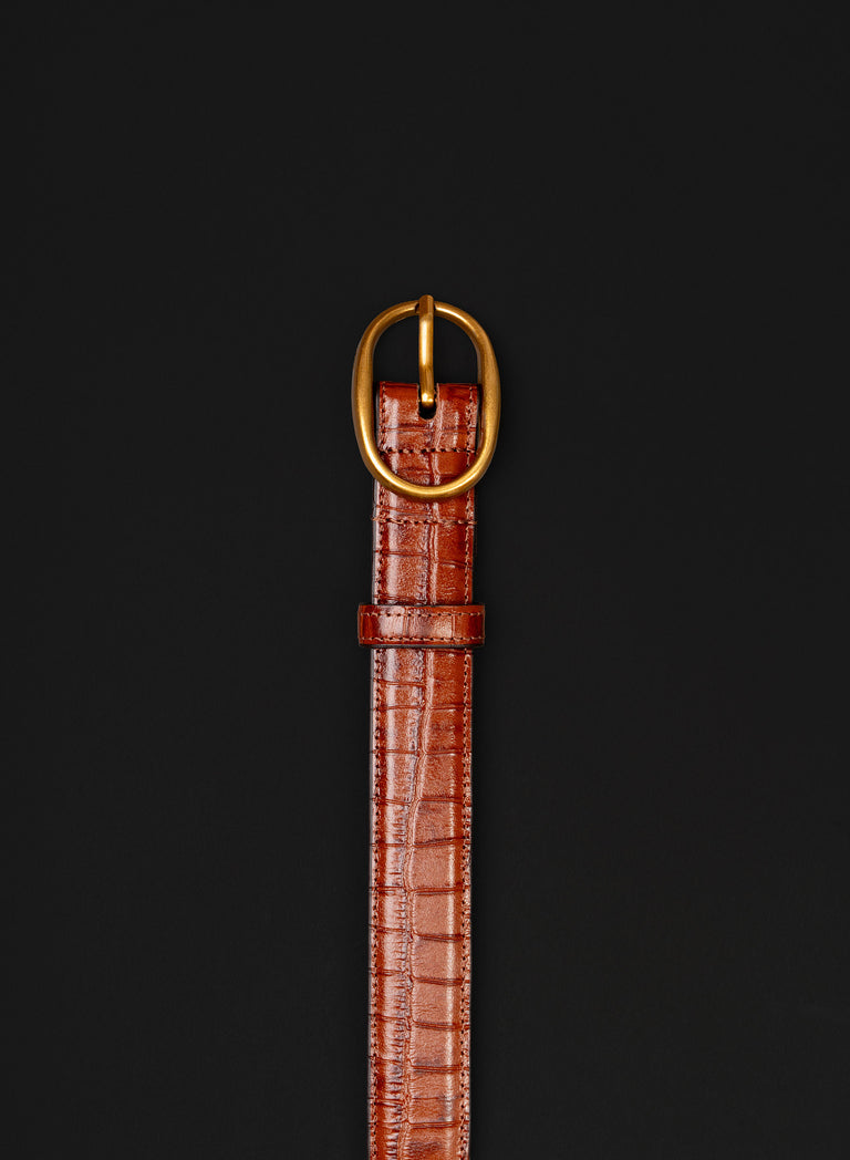 Brown Croc Effect Leather Round Gold Buckle Belt