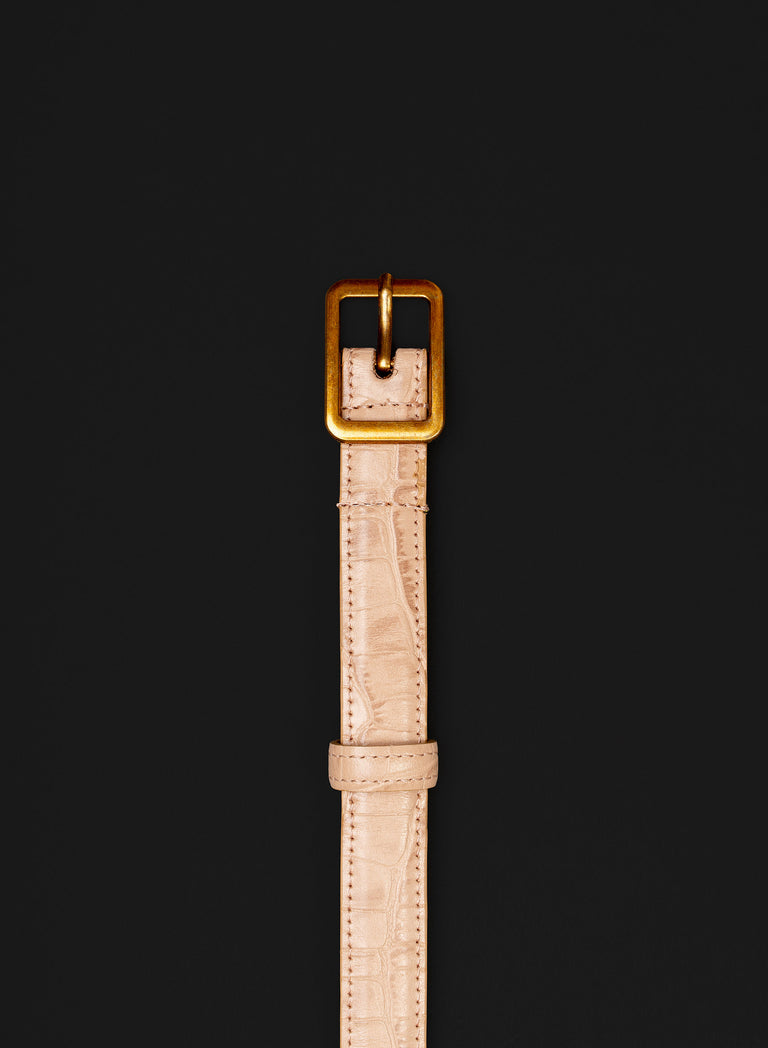 Beige Croc Effect Leather Square Buckle Belt