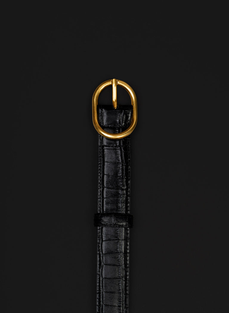 Black Croc Effect Leather Round Gold Buckle Belt