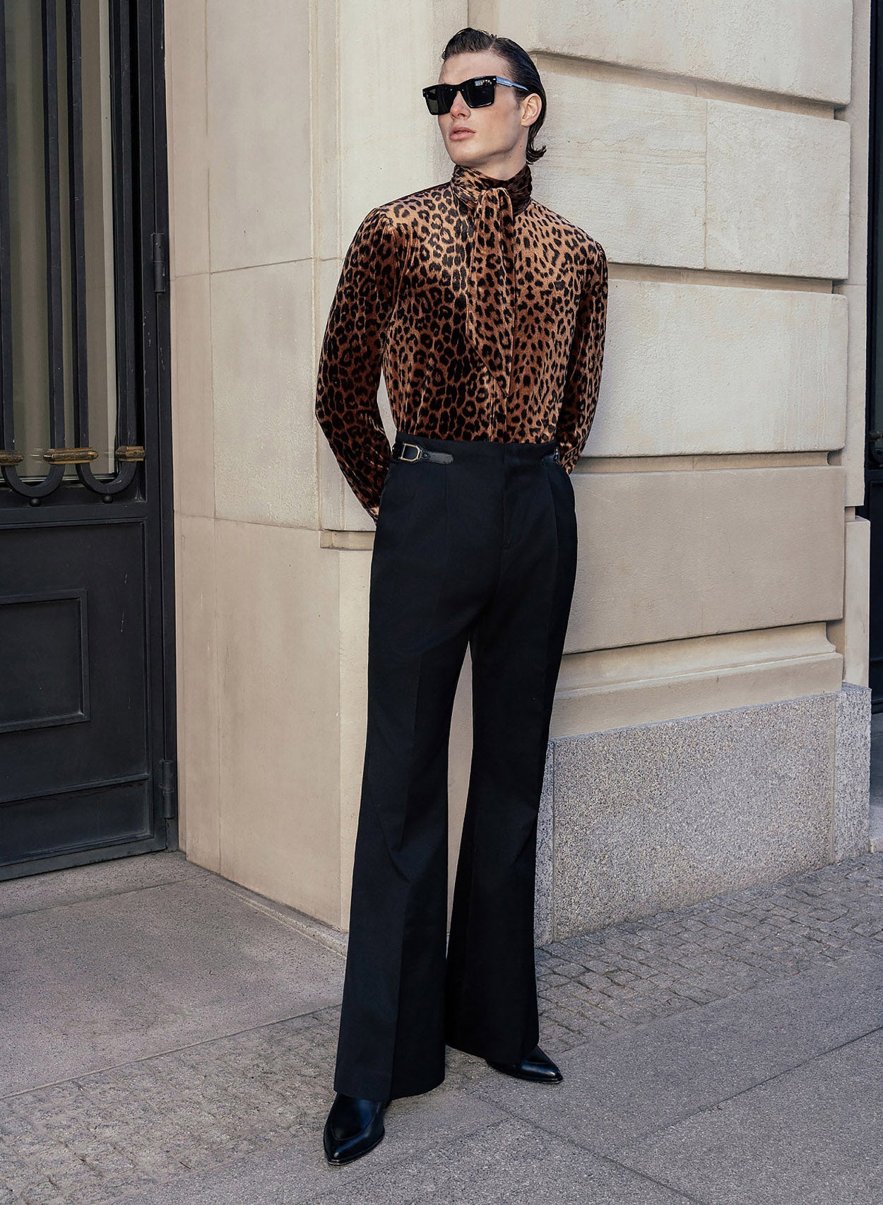 Black Wool Leather Side Buckle Wide Leg Flare Trouser Phix Black Wool Leather Side Buckle Wide Leg Flare Trouser Phix
