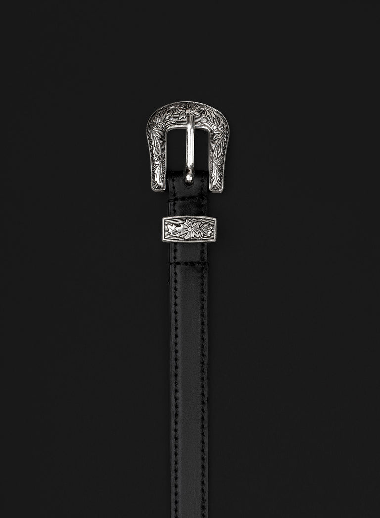 Black Leather Slim Western Buckle Belt