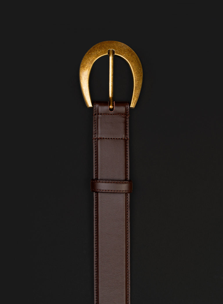 Brown Crescent Silver Buckle Leather Belt