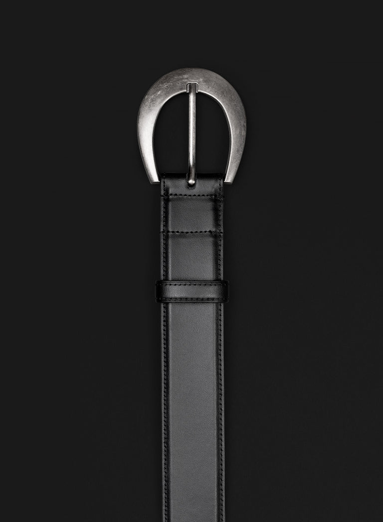 Black Crescent Silver Buckle Leather Belt