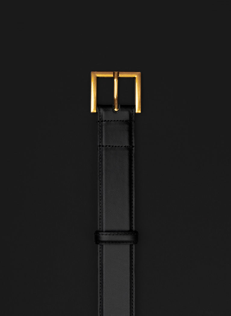 Black Leather Square Gold Buckle Belt