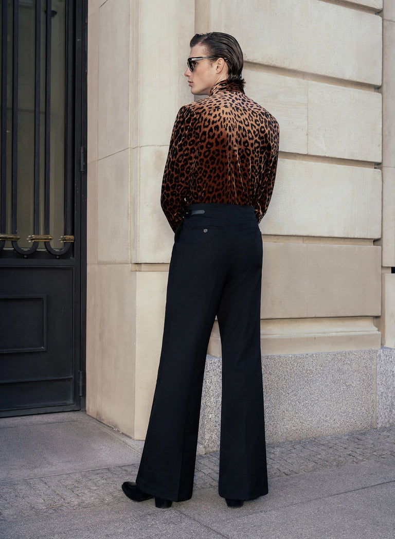 Black Wool Leather Side Buckle Wide Leg Flare Trouser