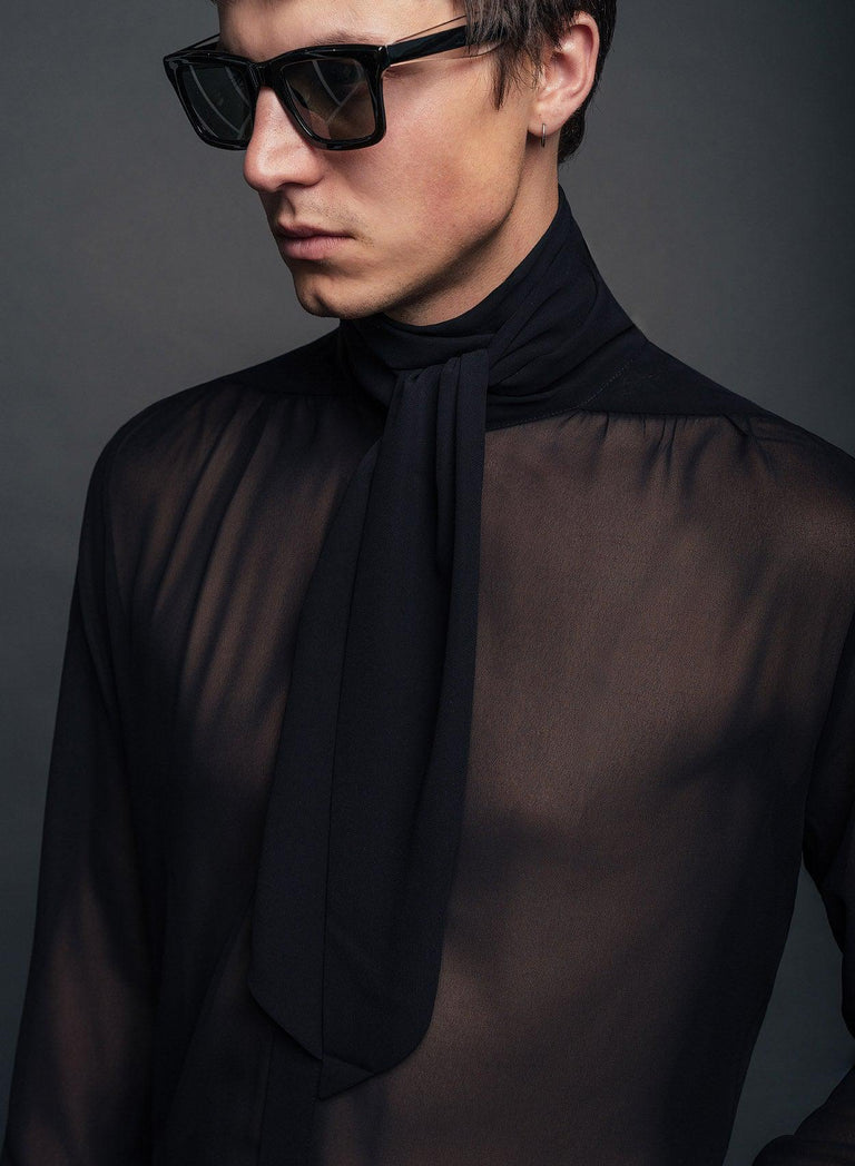 Black Semi Sheer Chiffon Scarf Tie Collar Shirt