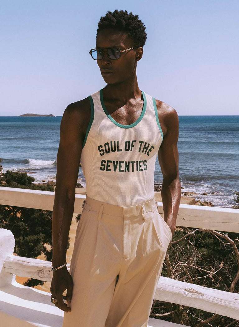 Soul of the Seventies Off White Green Trim Ribbed Vest