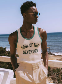 Soul of the Seventies Off White Green Trim Ribbed Vest
