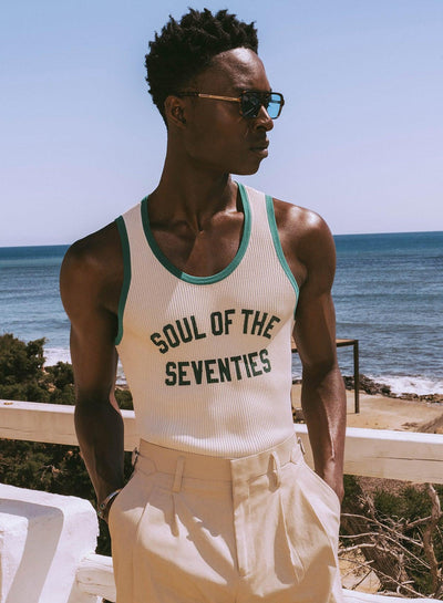Soul of the Seventies Off White Green Trim Ribbed Vest