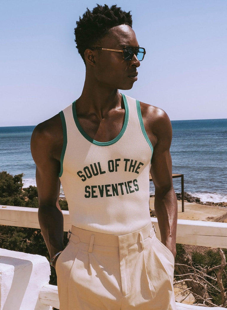 Soul of the Seventies Off White Green Trim Ribbed Vest