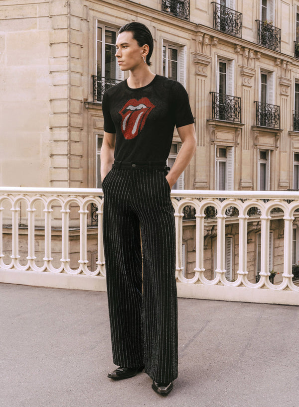 Black Rhinestone Pinstripe Wide Leg Side Buckle Jeans