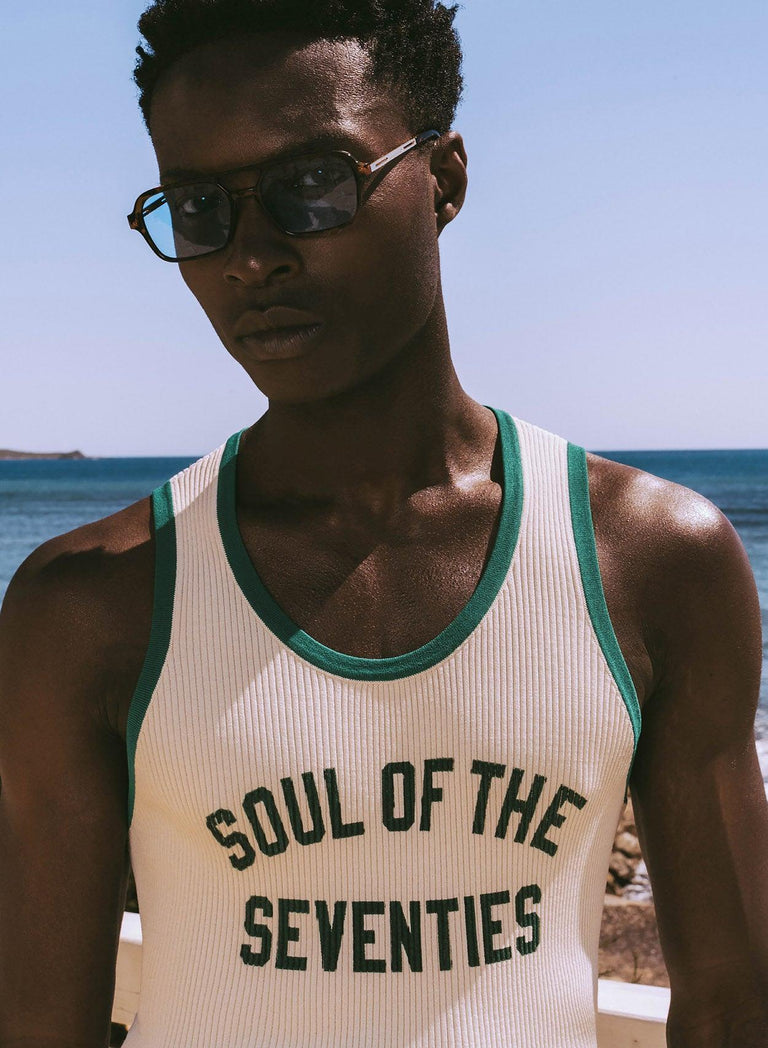 Soul of the Seventies Off White Green Trim Ribbed Vest