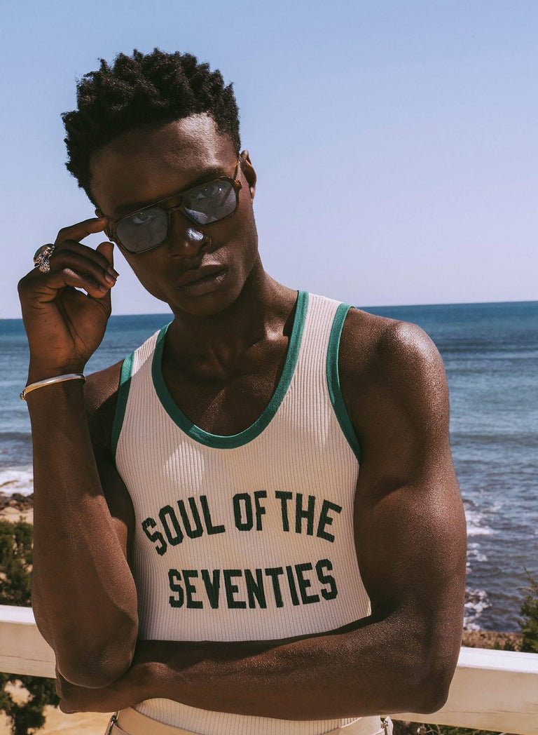 Soul of the Seventies Off White Green Trim Ribbed Vest