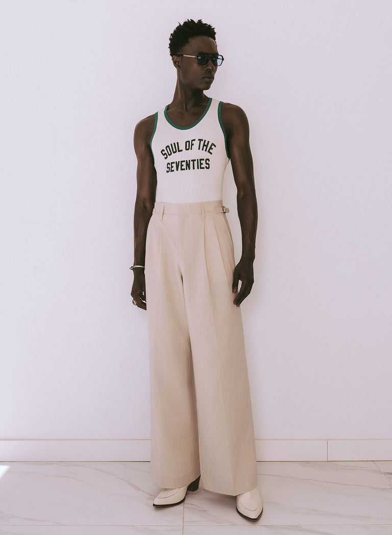 Ivory Linen High Waisted Side Buckle Flare Trousers