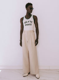 Ivory Linen High Waisted Side Buckle Flare Trousers