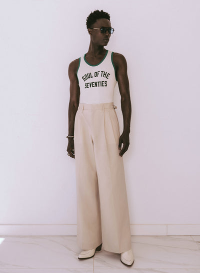 Ivory Linen High Waisted Side Buckle Flare Trousers