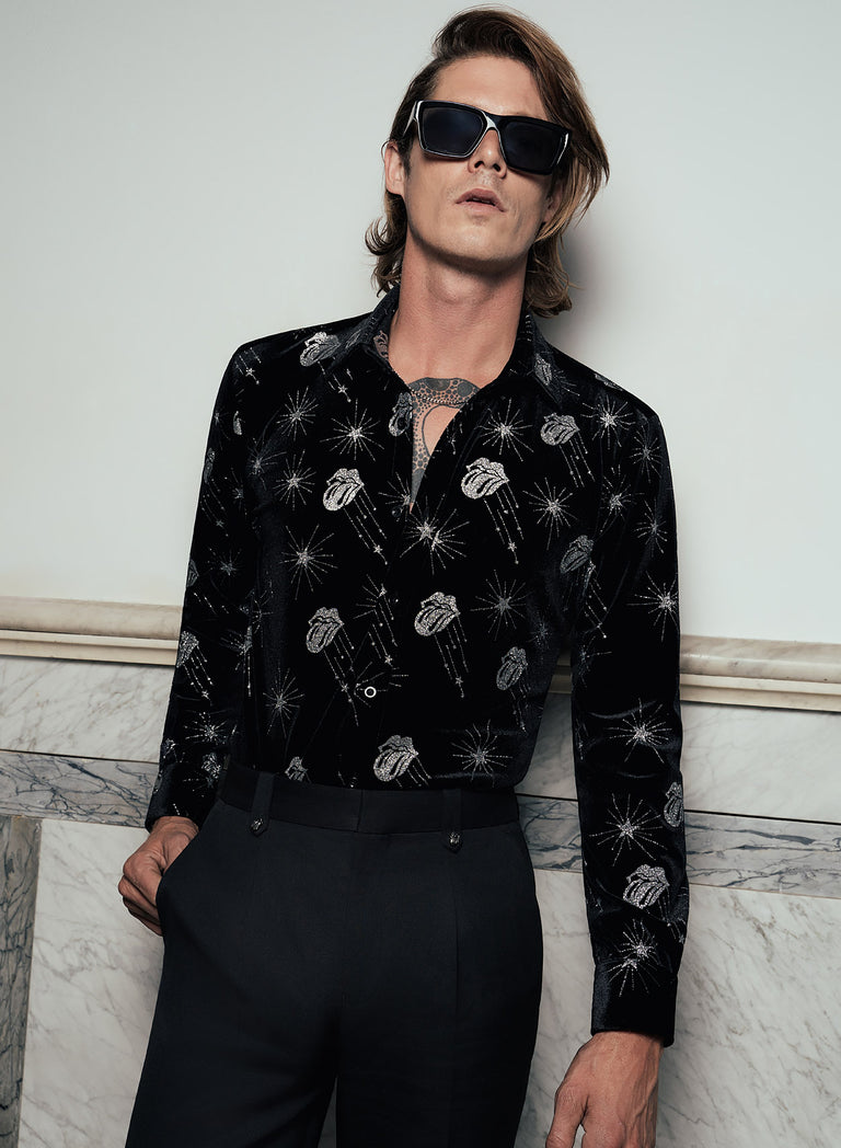 Phix X Rolling Stones Silver Tongue Black Velvet Shirt