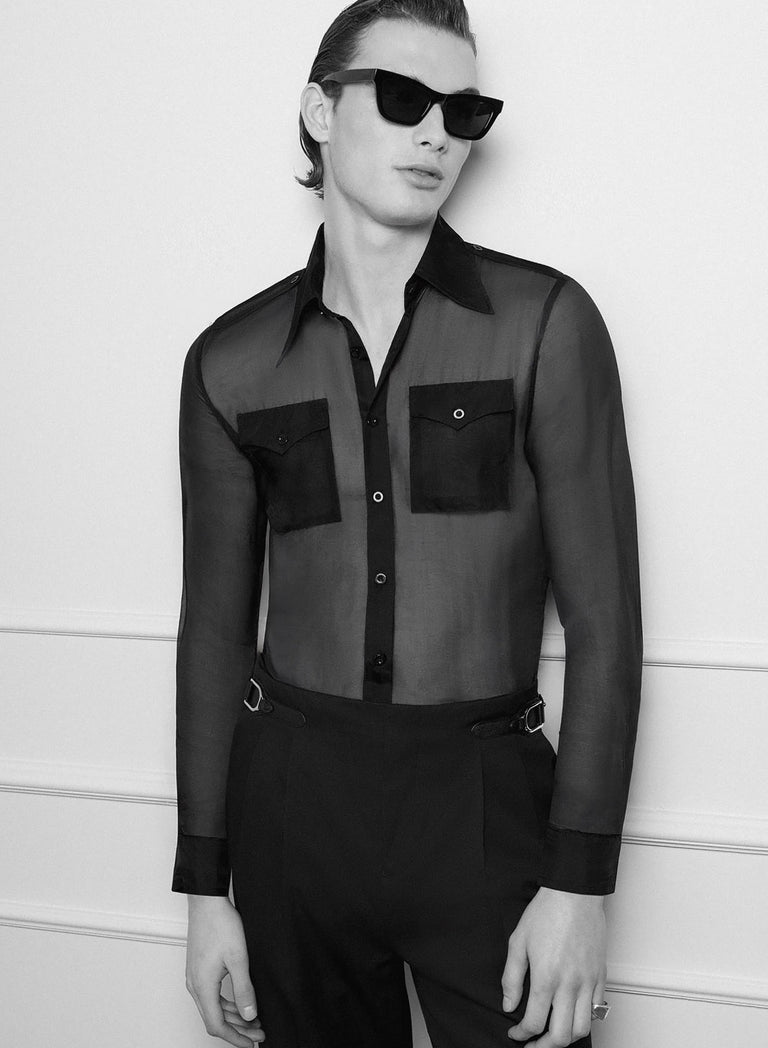 Black Silk Chiffon Button Down Shirt