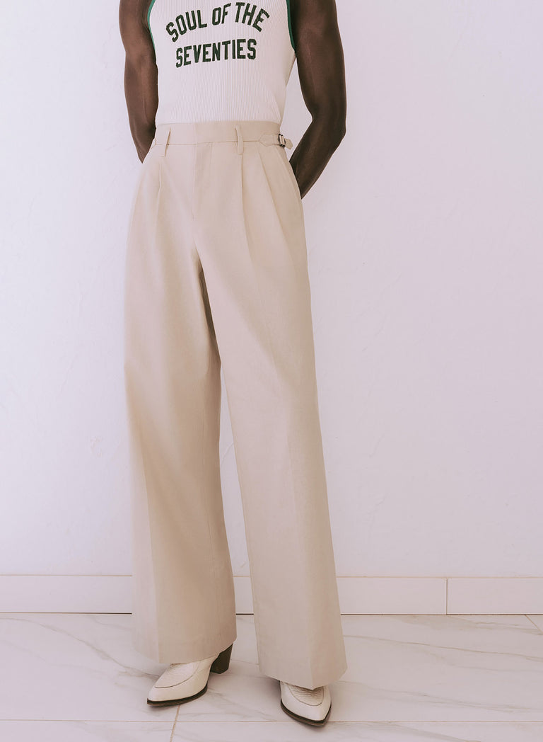 Ivory Linen High Waisted Side Buckle Flare Trousers