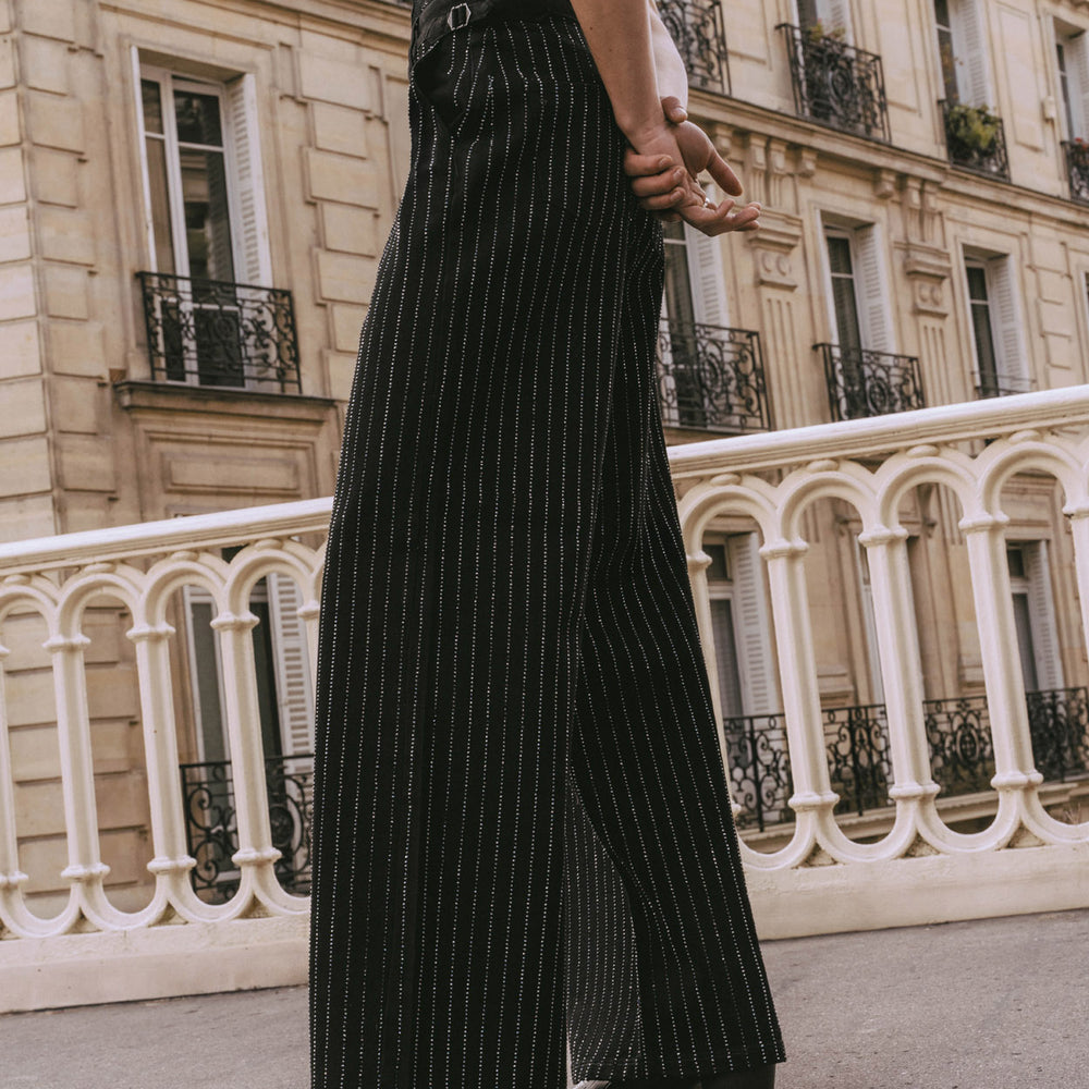 Black Rhinestone Pinstripe Wide Leg Side Buckle Jeans & Phix