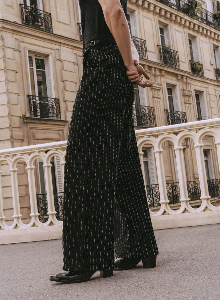 Black Rhinestone Pinstripe Wide Leg Side Buckle Jeans
