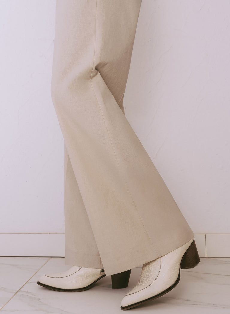 Ivory Linen High Waisted Side Buckle Flare Trousers