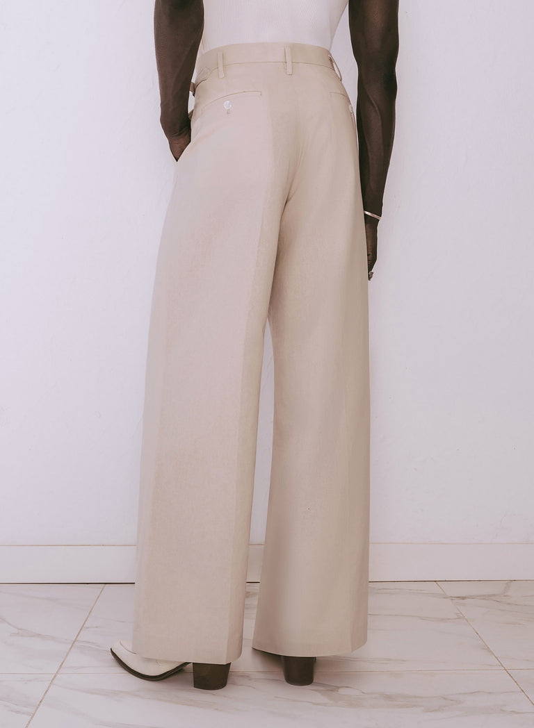 Ivory Linen High Waisted Side Buckle Flare Trousers
