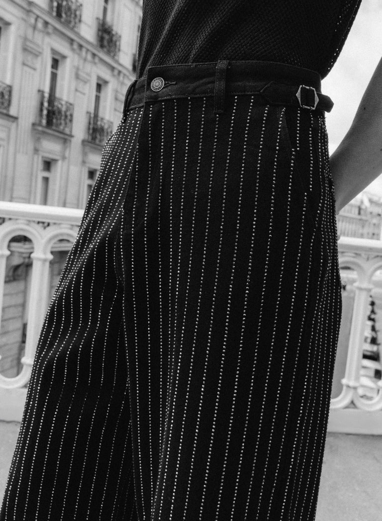 Black Rhinestone Pinstripe Wide Leg Side Buckle Jeans