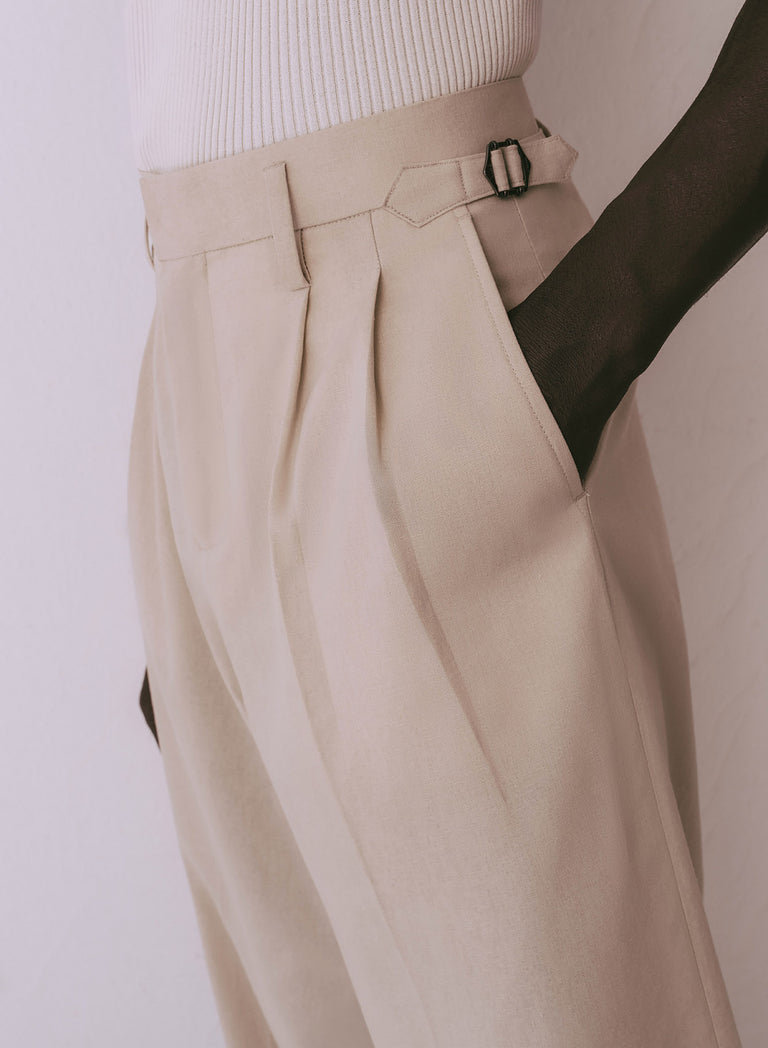 Ivory Linen High Waisted Side Buckle Flare Trousers