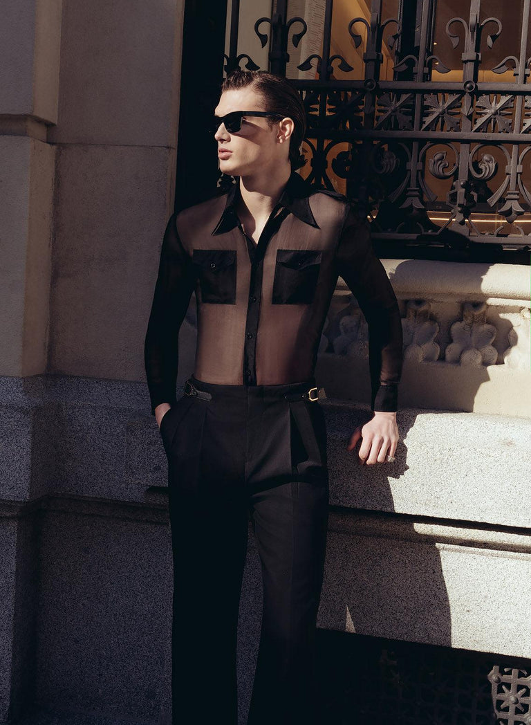 Black Silk Chiffon Button Down Shirt