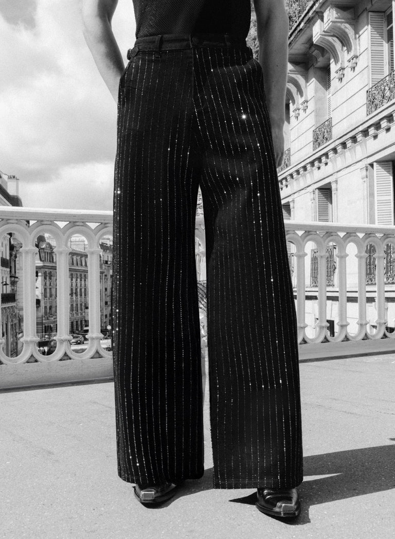 Black Rhinestone Pinstripe Wide Leg Side Buckle Jeans